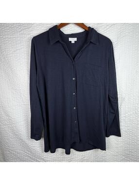 J Jill Long Roll Tab Sleeve Button Front Top Womens Sz L Stretch Flowy Navy Blue